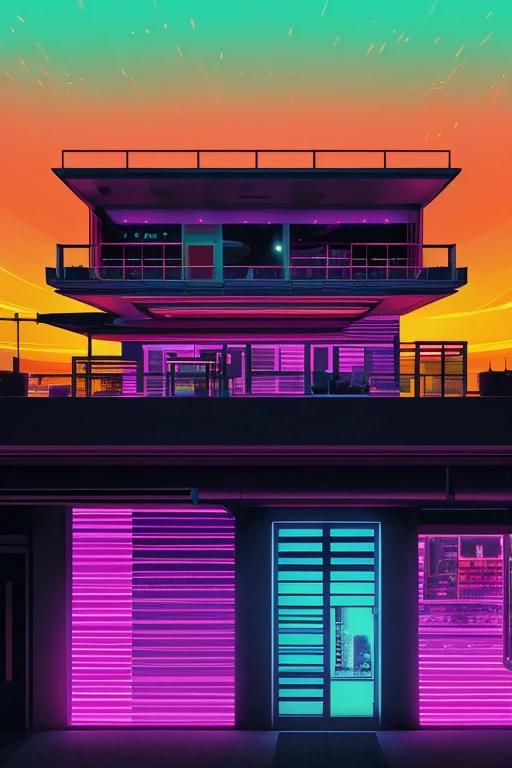 Liminal space, Anemoia, Kenopsia, Dreamcore, Nostalgiacore, Album Cover, Punk Rock aesthetic, Synthwave Aesthetic, Vaporwave Aesthetic, low-res polygonal 3D Graphics, Antiquated 3D graphics, Retro 3D graphics, Mall Interior, Art Deco architectural style, Mid Century modern architectural style, Black Background, sunset, usage of four colors ((Orange, Purple, Yellow, and Greenish-Cyan)), Neon, wire frame landscape