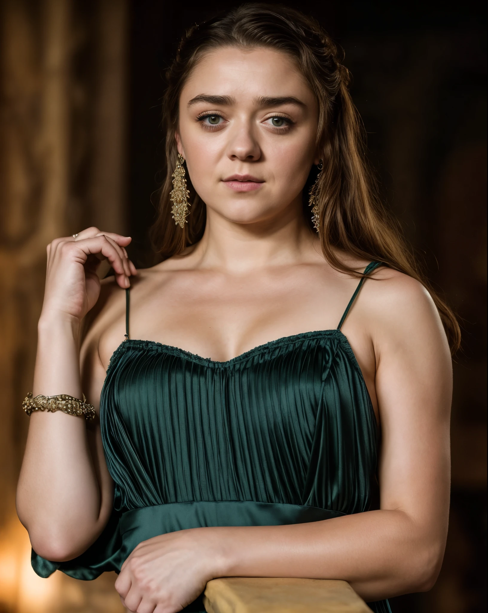 Foto RAW, Arya Stark, Extremely gorgeous lady, Arya Stark PLAYED BY MAISIE WILLIAMS, Queen Arya Stark, she  a mature woman now, milf, sexy mediaeval battle dress, gladiator woman, body, 40 years old Woman, body revealing costumes, perky breast, big natural breast, erotic costumes, lusty physique, seductive figure can capture every people's attention, Game of thrones costumes, revealing captivating figure, Mediaeval costumes, revealing clothes, A tomboy, she would rather fence than dance, warrior queen , game of thrones screen caps, Game of Thrones Series, (pele altamente detalhada: 1.2), 8k UHD, DSLR, soft-lighting, alta qualidade, grain of film, Fujifilm XT3, flawless picture, highly detailed, detailed Beauty, intricate, 32k, sharp picture,