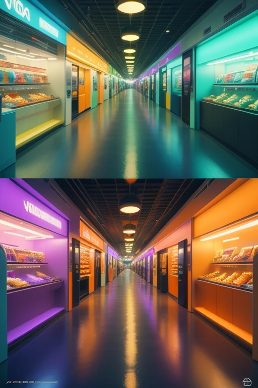 Liminal space, Anemoia, Kenopsia, Dreamcore, Nostalgiacore, Album Cover, Punk Rock aesthetic, Synthwave Aesthetic, Vaporwave Aesthetic, low-res polygonal 3D Graphics, Antiquated 3D graphics, Retro 3D graphics, Mall Interior, Art Deco architectural style, Mid Century modern architectural style, Black Background, sunset, usage of four colors ((Orange, Purple, Yellow, and Greenish-Cyan)), Neon, wire frame landscape
