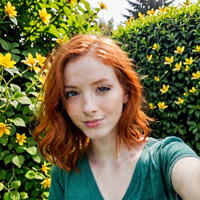 Une femme rousse dans un selfies, dans un jardin 