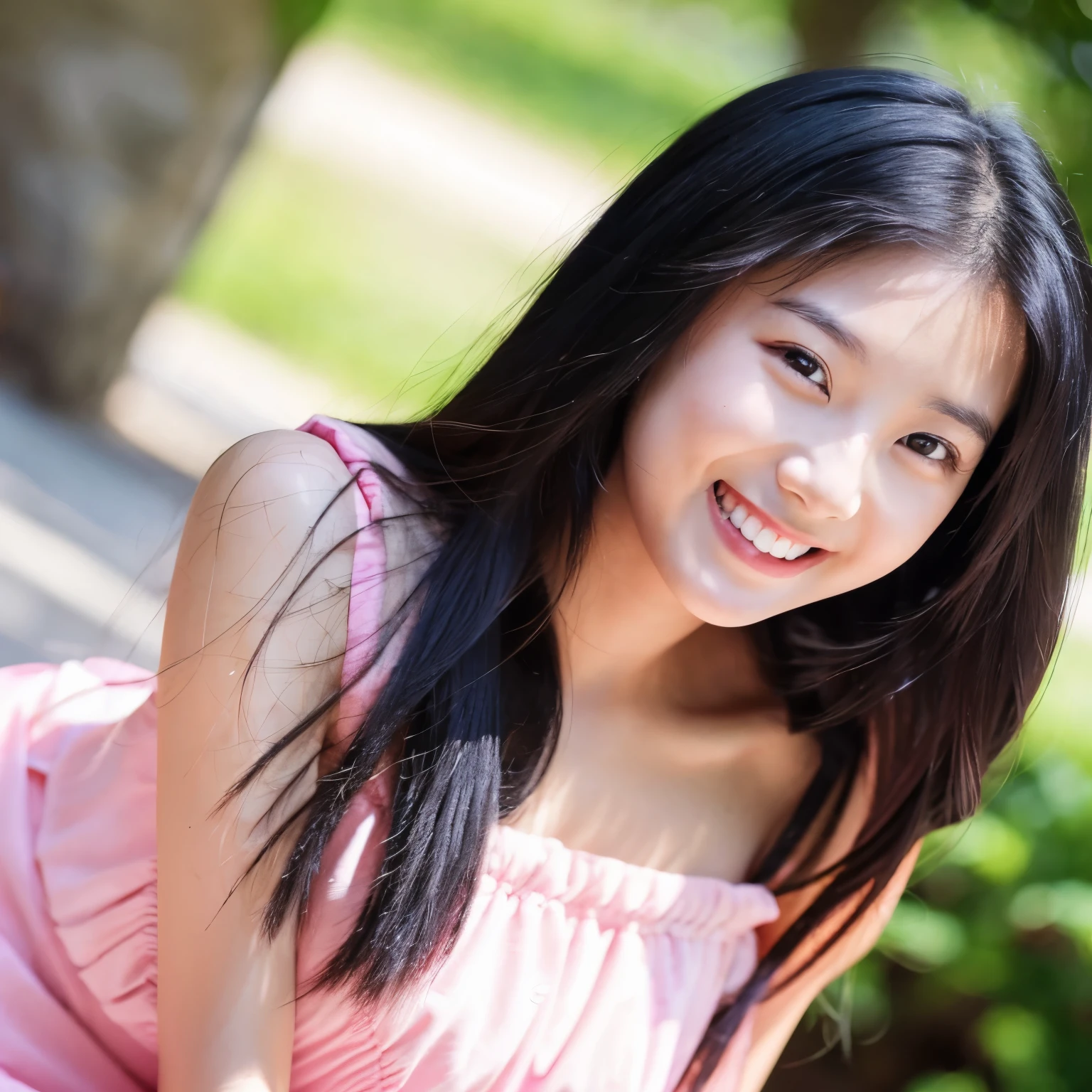 Young beautiful Asian woman with long black hair smiling in summer in pink dress