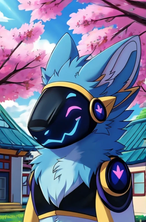 Pokemon 90's Anime Style, (((Light blue fur protogen))) , big chest, day, sexy, sensual, detailed, uploaded to e621, beautiful and detailed portrait of an anthropomorphic Light blue fur protogen, (((male ))) uploaded to e621, zaush, foxovh, movie lighting, , thicc, alone, ((submissive)) , view, muscular toned, muscles, muscular build, Japanese anime style, ((at a school in the front waiting to go in looking at the school)) : Springtime  (Japanese Anime Style)
 - delicate pinks, sunny yellows, and cheerful blues. Cherry blossom trees dot, their branches overflowing with soft pink petals that dance in the gentle breeze. the clear blue sky and fluffy white clouds. A muscular, light blue protogen sits, their metallic fur catching the dappled sunlight, a peaceful expression on their face as they bask in the warmth of the spring sun and breathe in the sweet scent of flowers. Butterflies flutter around them, adding to the scene's tranquility. Include details,  Capture the feeling of renewal and joy that comes with spring, using a vibrant and uplifting color palette. Draw inspiration from anime like Yuru Camp△ and Flying Witch, or spring scenes from Studio Ghibli films like Ponyo and My Neighbor Totoro. ,((( light blue fur protogen))) Japanese anime style, at a school in the front waiting to go in looking at the school, in front of a Japanese school, going to school, school, 