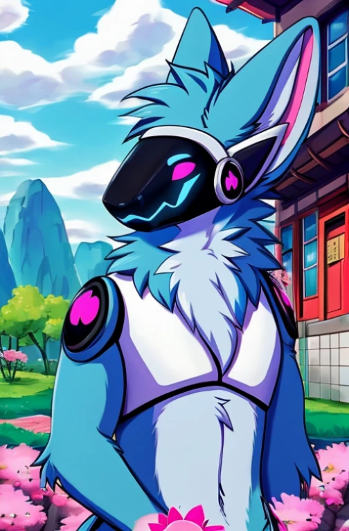 Pokemon 90's Anime Style, (((Light blue fur protogen))) , big chest, day, sexy, sensual, detailed, uploaded to e621, beautiful and detailed portrait of an anthropomorphic Light blue fur protogen, (((male ))) uploaded to e621, zaush, foxovh, movie lighting, , thicc, alone, ((submissive)) , view, muscular toned, muscles, muscular build, Japanese anime style, ((at a school in the front waiting to go in looking at the school)) : Springtime  (Japanese Anime Style)
 - delicate pinks, sunny yellows, and cheerful blues. Cherry blossom trees dot, their branches overflowing with soft pink petals that dance in the gentle breeze. the clear blue sky and fluffy white clouds. A muscular, light blue protogen sits, their metallic fur catching the dappled sunlight, a peaceful expression on their face as they bask in the warmth of the spring sun and breathe in the sweet scent of flowers. Butterflies flutter around them, adding to the scene's tranquility. Include details,  Capture the feeling of renewal and joy that comes with spring, using a vibrant and uplifting color palette. Draw inspiration from anime like Yuru Camp△ and Flying Witch, or spring scenes from Studio Ghibli films like Ponyo and My Neighbor Totoro. ,((( light blue fur protogen))) Japanese anime style, at a school in the front waiting to go in looking at the school, in front of a Japanese school, going to school, school, 