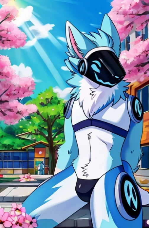 Pokemon 90's Anime Style, (((Light blue fur protogen))) , big chest, day, sexy, sensual, detailed, uploaded to e621, beautiful and detailed portrait of an anthropomorphic Light blue fur protogen, (((male ))) uploaded to e621, zaush, foxovh, movie lighting, , thicc, alone, ((submissive)) , view, muscular toned, muscles, muscular build, Japanese anime style, ((at a school in the front waiting to go in looking at the school)) : Springtime  (Japanese Anime Style)
 - delicate pinks, sunny yellows, and cheerful blues. Cherry blossom trees dot, their branches overflowing with soft pink petals that dance in the gentle breeze. the clear blue sky and fluffy white clouds. A muscular, light blue protogen sits, their metallic fur catching the dappled sunlight, a peaceful expression on their face as they bask in the warmth of the spring sun and breathe in the sweet scent of flowers. Butterflies flutter around them, adding to the scene's tranquility. Include details,  Capture the feeling of renewal and joy that comes with spring, using a vibrant and uplifting color palette. Draw inspiration from anime like Yuru Camp△ and Flying Witch, or spring scenes from Studio Ghibli films like Ponyo and My Neighbor Totoro. ,((( light blue fur protogen))) Japanese anime style, at a school in the front waiting to go in looking at the school, in front of a Japanese school, going to school, school, 