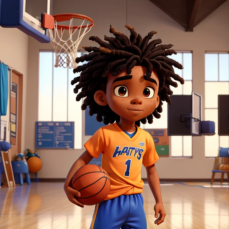 boy, African American, basketball player, dressed in a brightly colored sports uniform. This guy&#39;s hair is twisted into neat dreadlocks., brown eyes, looks directly at the camera while jumping and spectacularly hitting the ball into the basket.