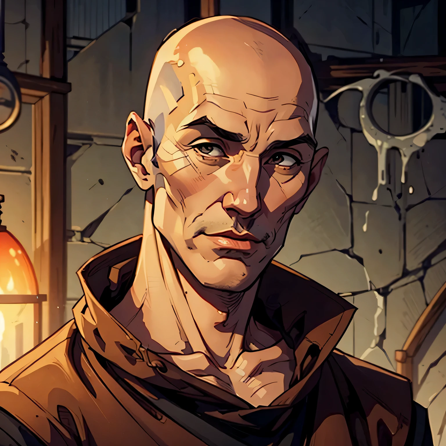 best quality image, 60-year-old man, medium height, dressed as a Franciscan monk, with dark hair and a bald head, thin nose, eyes expressing kindness