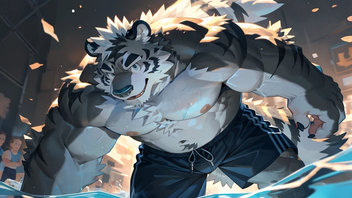 (Vision:1.5), solitary, anthropology, hairy, hairy male, snow leopard, ((Fluffy fur, Fluffy, hairy body)), (snow leopard print), (Thick eyebrows), youth, muscular, White and big skin, Blue-gray pupils, Detailed teeth, defaced face, fundos, swimmer, Purple grey swimming trunks, pink tit cluster, Small bump, Dipping in the 湖, He is playing water polo, Swimming goggles, Shy expression, A faint smile, blush, (Dynamic poses:1.5), Clear facial features, Strong, majestic, solitary, panoramic, Fog atmosphere, early morning, Tyndall light effect, lake, (By Empty Ghost, From snow leopard20, masterpiece, high quality, high resolution,8K)