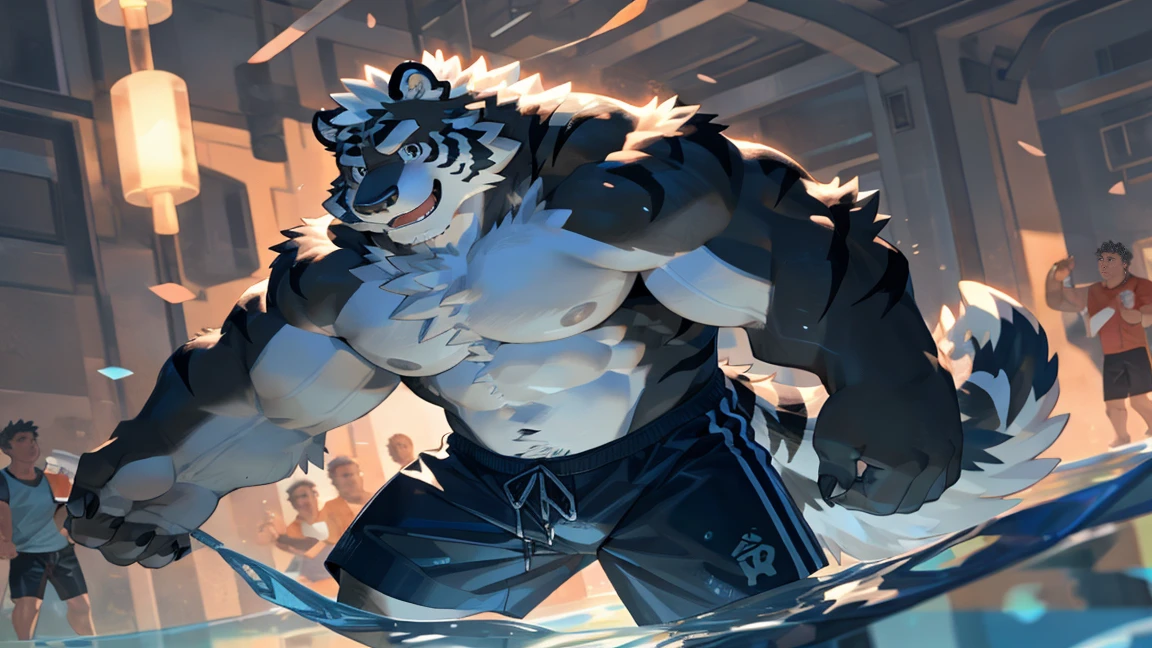 anthro, bodily fluids, fur, bulge, blue shorts, looking at viewer, lying, male, multicolored body, multicolored fur, muscular, (musk clouds:1.2), navel, on back, pecs, precum, (hard breathing, tongue out), solo, two tone body, two tone fur, by Pixelsketcher, by Bayard Wu, by Thomas Benjamin Kennington , by Einshelm, by Chunie, (arms behind head), (both arms behind head),, (lin hu:1.1), (exhausted, sweat, bruised:1.4), in the boxing ring, boxing glove, (beaten down, swollen cheek:1.4)