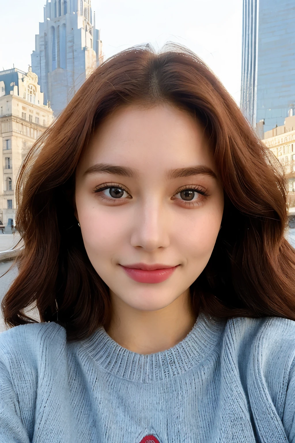 ((best quality)), ((masterpiece)), (detailed), perfect face 
woman with a pink sweater and a city background, red hair Curly Crop
, blue symmetric eyes 24yo, without makeup, looking directly at the camera, looking straight to camera, front portrait, 24 year-old tunisian woman, frontal picture, selfie of a young woman, full face portrait