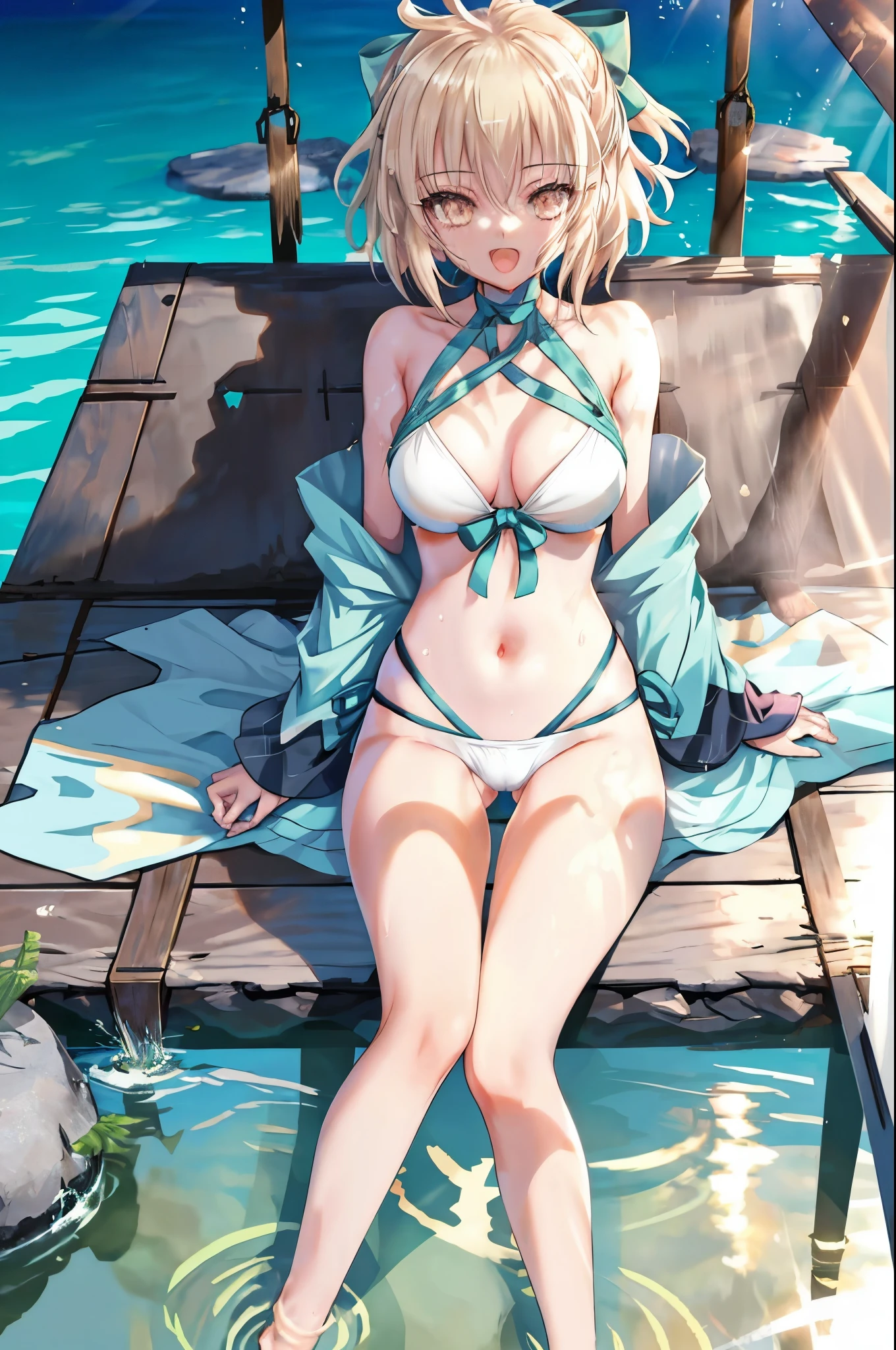 masterpiece, best quality,extremely detailed CG unity 8k wallpaper,
1girl,okita souji \(fate\), swimsuit,bikini,
 smile,open_mouth,sitting,sunlight,splash_of_water,happy,gold_eyes,half_eyes,apart_legs,rising_knee,open_legs,covered_pussy,