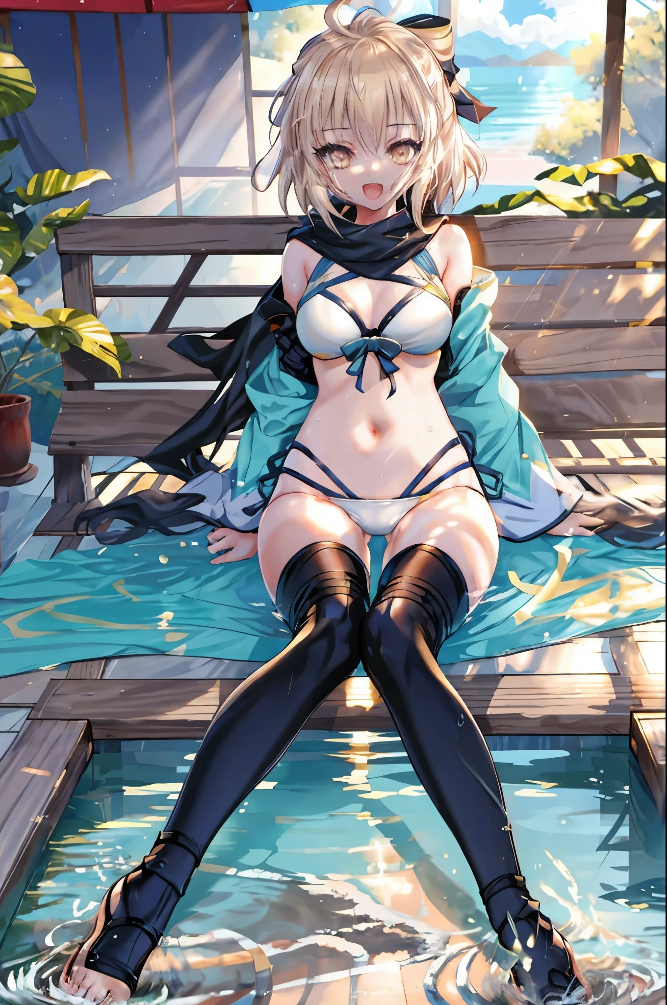 masterpiece, best quality,extremely detailed CG unity 8k wallpaper,
1girl,okita souji \(fate\), swimsuit,bikini,
smile,open_mouth,sitting,sunlight,splash_of_water,happy,gold_eyes,half_eyes,apart_legs,rising_knee,open_legs,covered_pussy,
