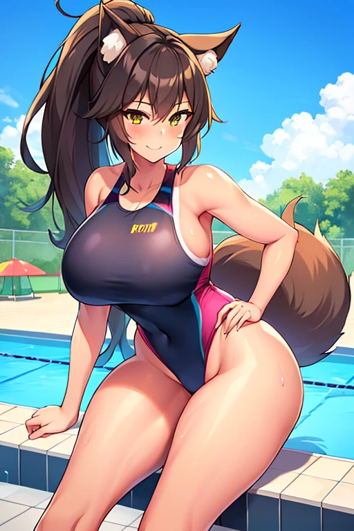 amy, ponytail, bangs, long hair, fox ears, fox tail, thick thighs, breasts, 1girl, wide hips, smile, ponytail, tan, one-piece swimsuit, black one-piece swimsuit, competition swimsuit, blue trim, pool, poolside, happy