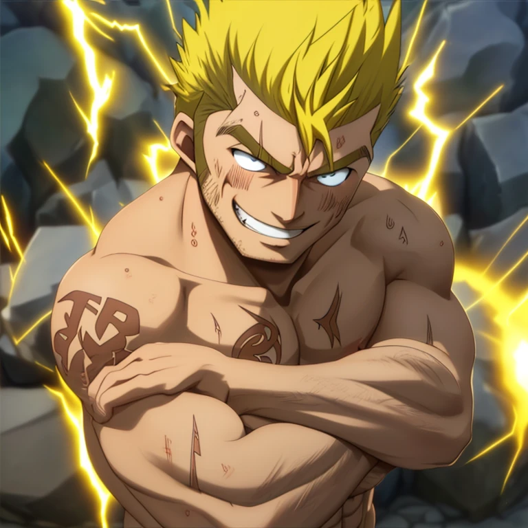 (((best quality, high resolution, masterpiece, best quality, detailed face, sharp eyes))), anime screencap, 1boy, muscular male, sweaty, masterpiece, depth of field, baseballplayer, looking at viewer, (((crossed arms))), laxus_dreyar, (((full body))), yellow hair, chest tattoo, yellow lightning, spark, grin, dynamic pose, (((nude)))