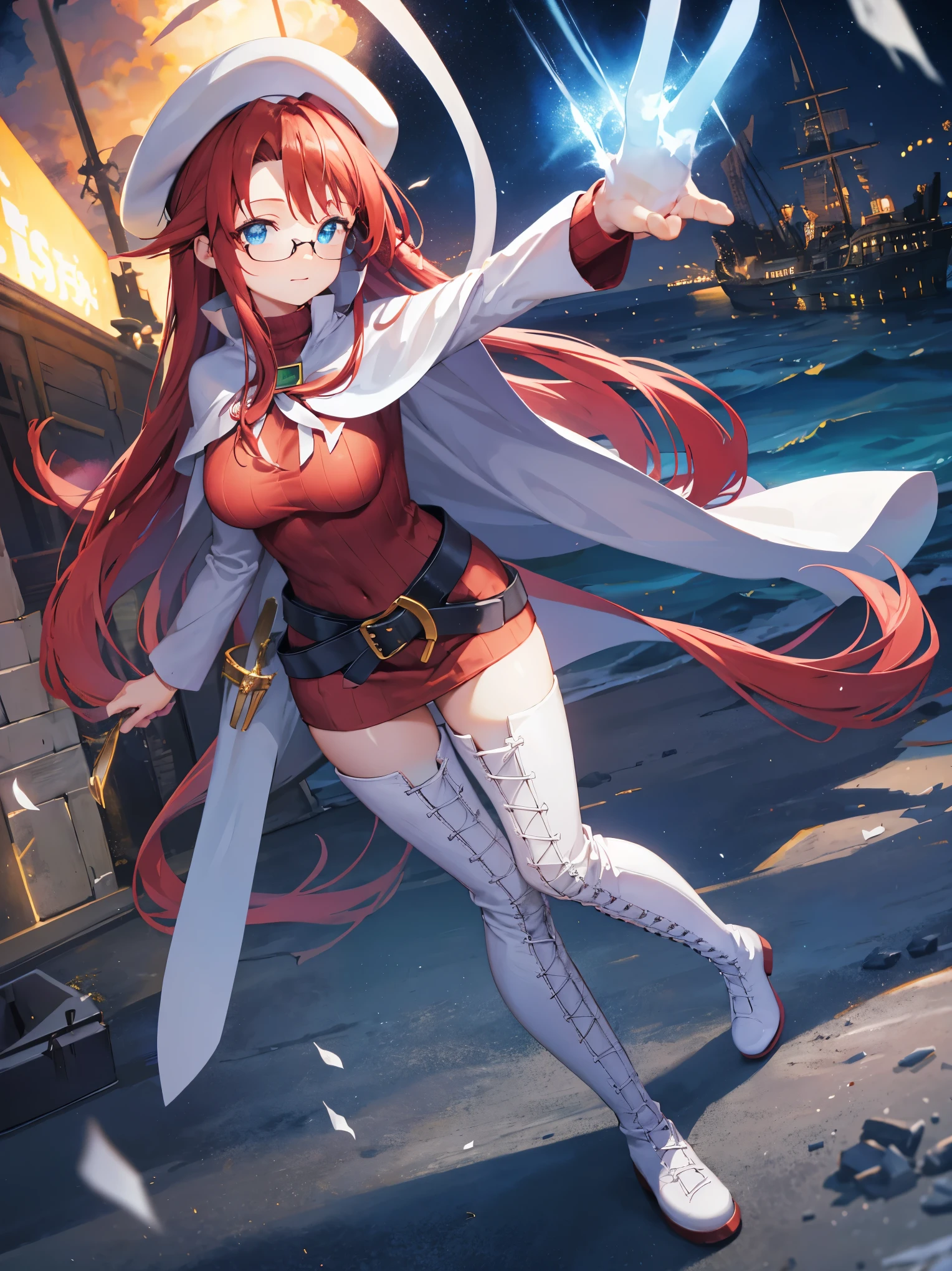 summonnightaty, aty, long hair, blue eyes, red hair, beret, hat, glasses,
BREAK long hair, thighhighs, hat, dress, boots, glasses, belt, cape, sweater, zettai ryouiki, beret, thigh boots, white footwear, ribbed sweater, loose belt,solo,
BREAK outdoors, fantasy,on_a_ship,
BREAK (masterpiece:1.2), best quality, high resolution, unity 8k wallpaper, (illustration:0.8), (beautiful detailed eyes:1.6), extremely detailed face, perfect lighting, extremely detailed CG, (perfect hands, perfect anatomy),covered_nipples,covered_navel,light_smile ,(half_eyes:1.4),sword,armpit,sleepy,dynamic_standing,barrel,red_sweater,apart_legs,magical_effect,pulmp,big_tits,