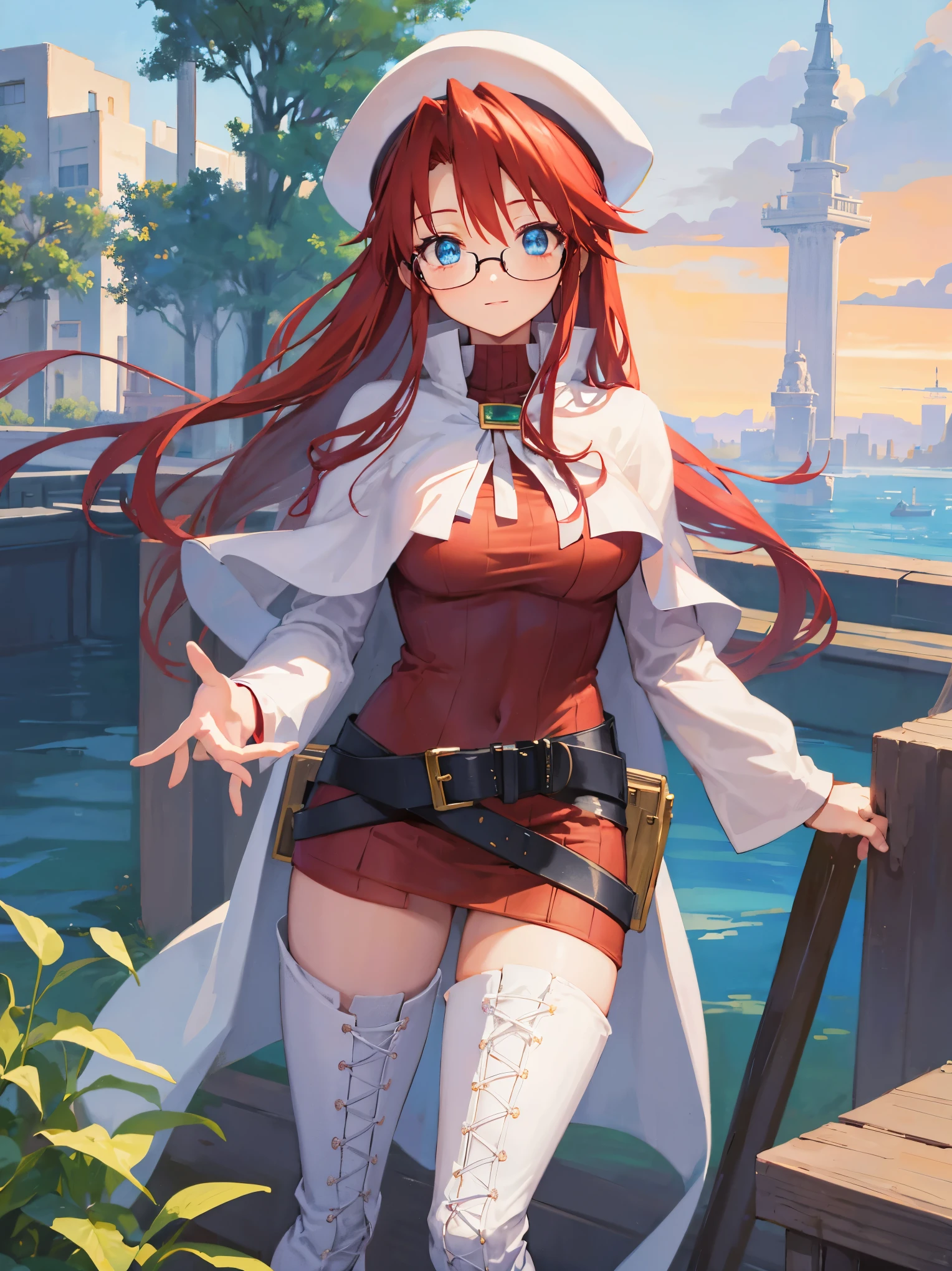 summonnightaty, aty, long hair, blue eyes, red hair, beret, hat, glasses,
BREAK long hair, thighhighs, hat, dress, boots, glasses, belt, cape, sweater, zettai ryouiki, beret, thigh boots, white footwear, ribbed sweater, loose belt,solo,
BREAK outdoors, fantasy,on_a_ship,
BREAK (masterpiece:1.2), best quality, high resolution, unity 8k wallpaper, (illustration:0.8), (beautiful detailed eyes:1.6), extremely detailed face, perfect lighting, extremely detailed CG, (perfect hands, perfect anatomy),covered_nipples,covered_navel,light_smile ,(half_eyes:1.4),sword,armpit,sleepy,dynamic_standing,barrel,red_sweater,apart_legs,magical_effect,pulmp,big_tits,