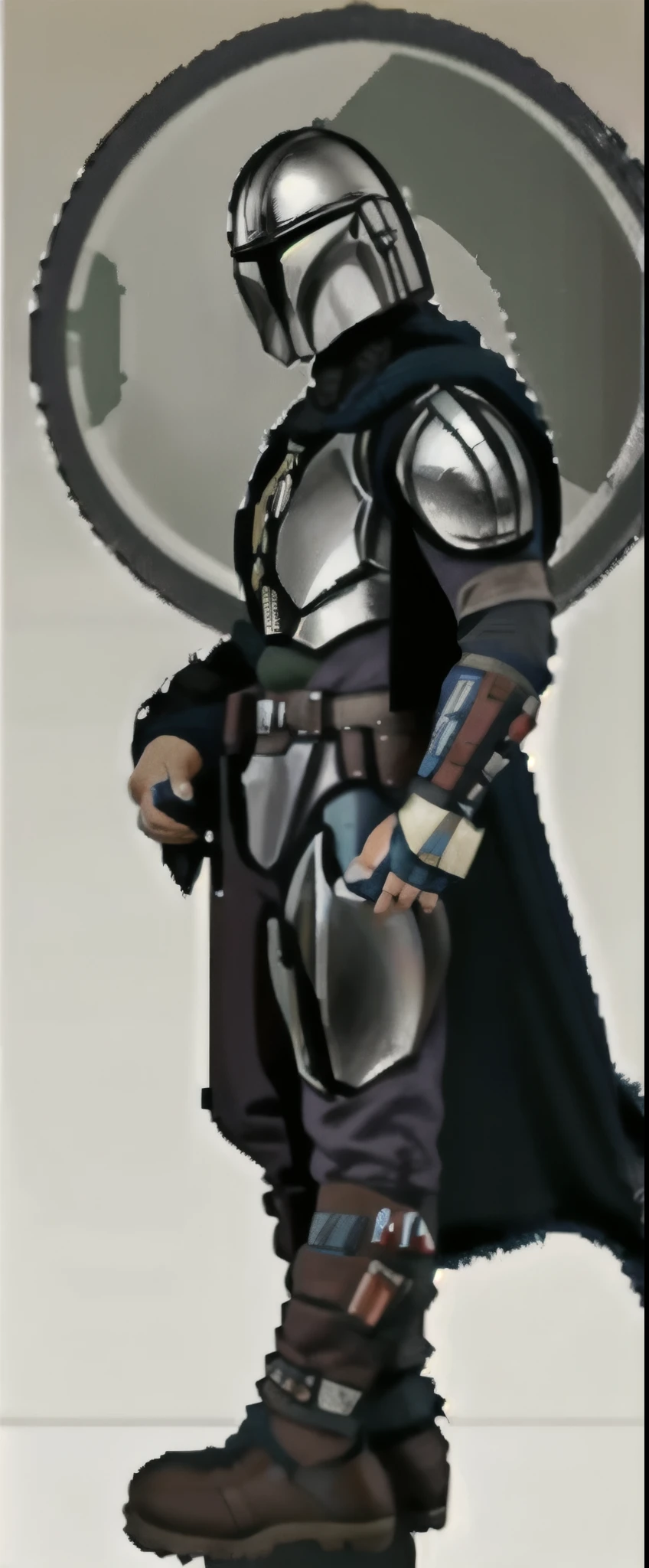 mandalorian
star war simple background, full body, tall human black eyes, solid oval eyes, outline