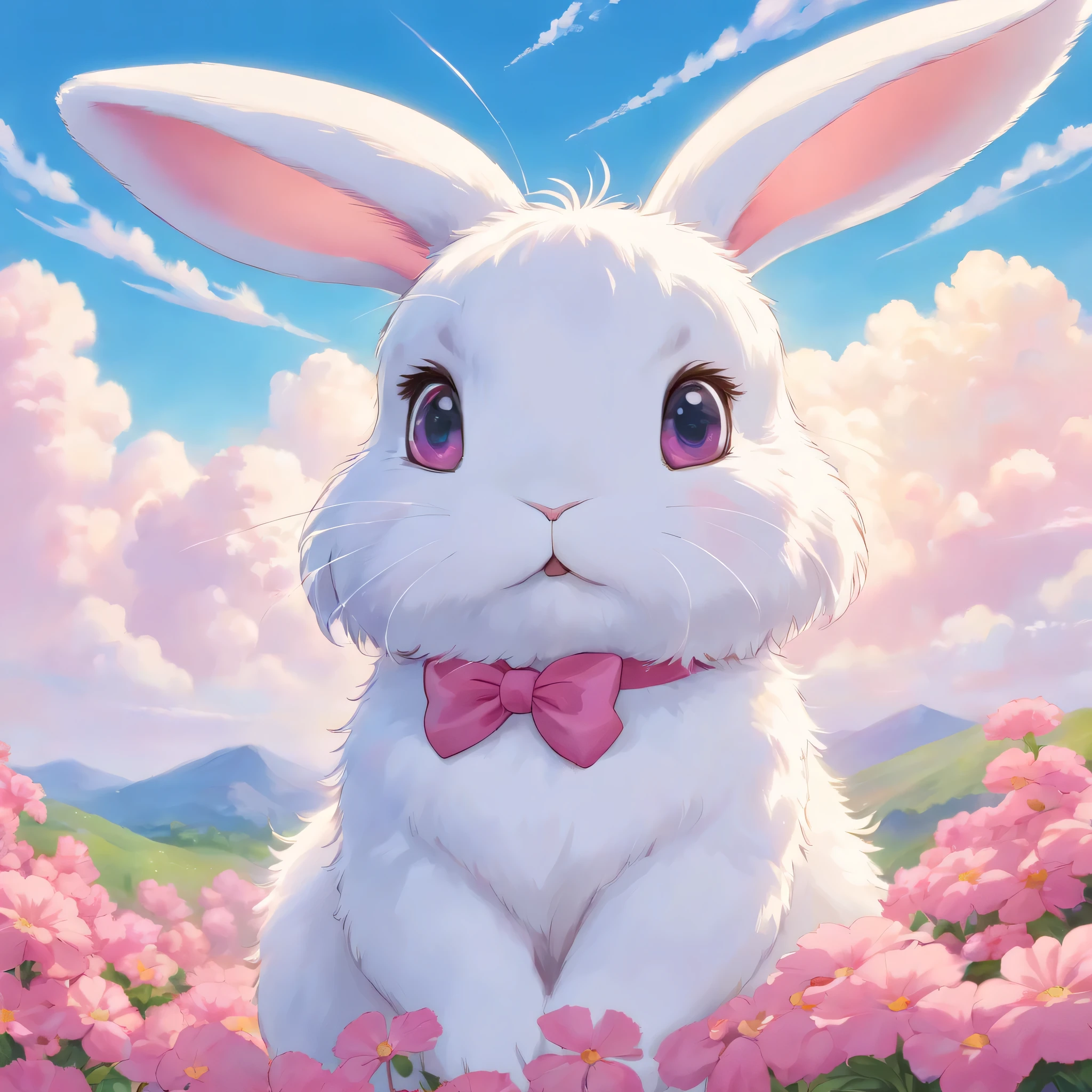 A fluffy bunny with lop ears, french lop bunny, very fluffy, cute detailed realistic bunny, big eyes, innocent looking, pink bows decorating ears, glittery clouds in the background, acrylic art, impressionism , portrait