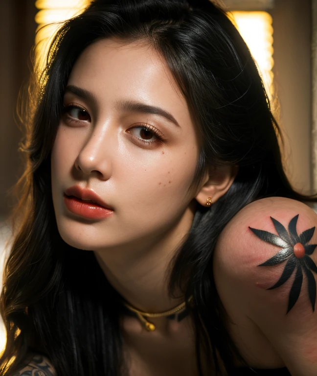 (best quality,height:1.2),very detailed,Close-up photo: 1.4,(realistic:1.37),(soft light),(1 girl),abandoned,from the front,raise hips,(detailed face),(tattoo),Lock the heart of a thief,golden eyes,black hair,long hair.
