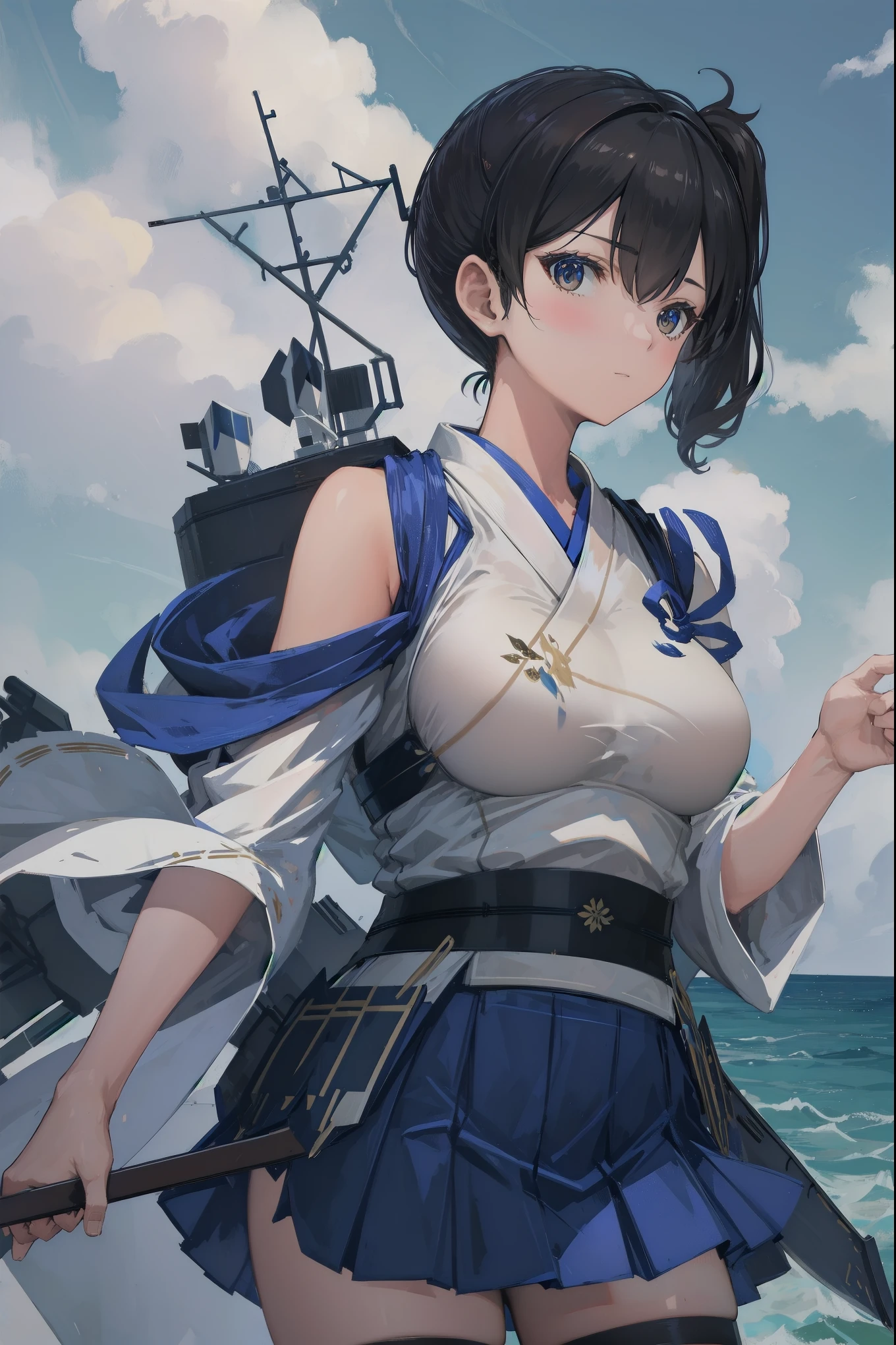 Kaga(Fleet Collection),highest quality, masterpiece, High resolution,kimono,blue skirt,side ponytail,big_breasts,