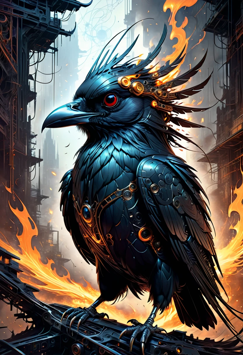 A masterful artistic digital rendering of a sinister cybernetic crow made from sparks and fire by Simon Prades, h.r giger, russ mills, Shaun Ryken, celestial, UHD, 8k resolution, fantasy editorial art, complex and hyperdetailed, beautiful composition, a modern surrealistic masterpiece by Dan Mumford