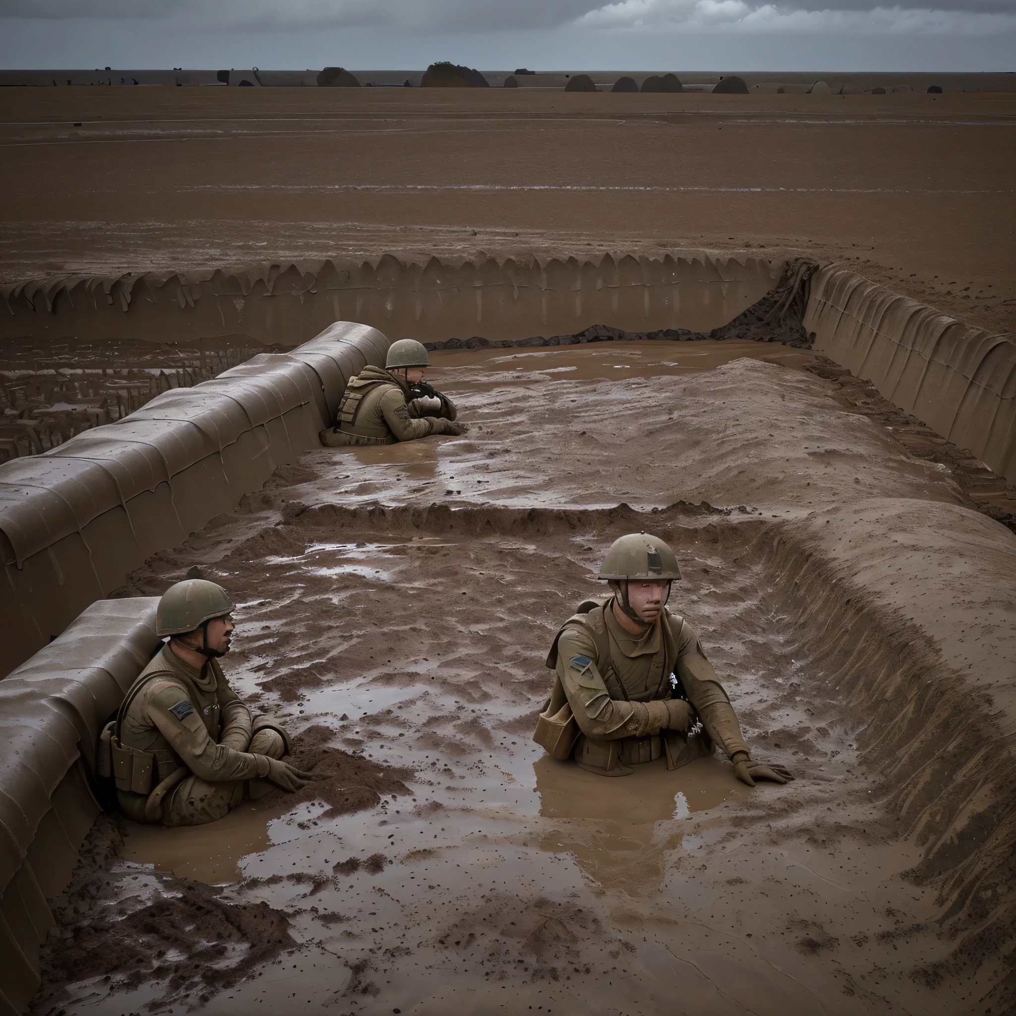 Barren, muddy trenches stretching into the distance, with the silhouette of soldiers huddled within.