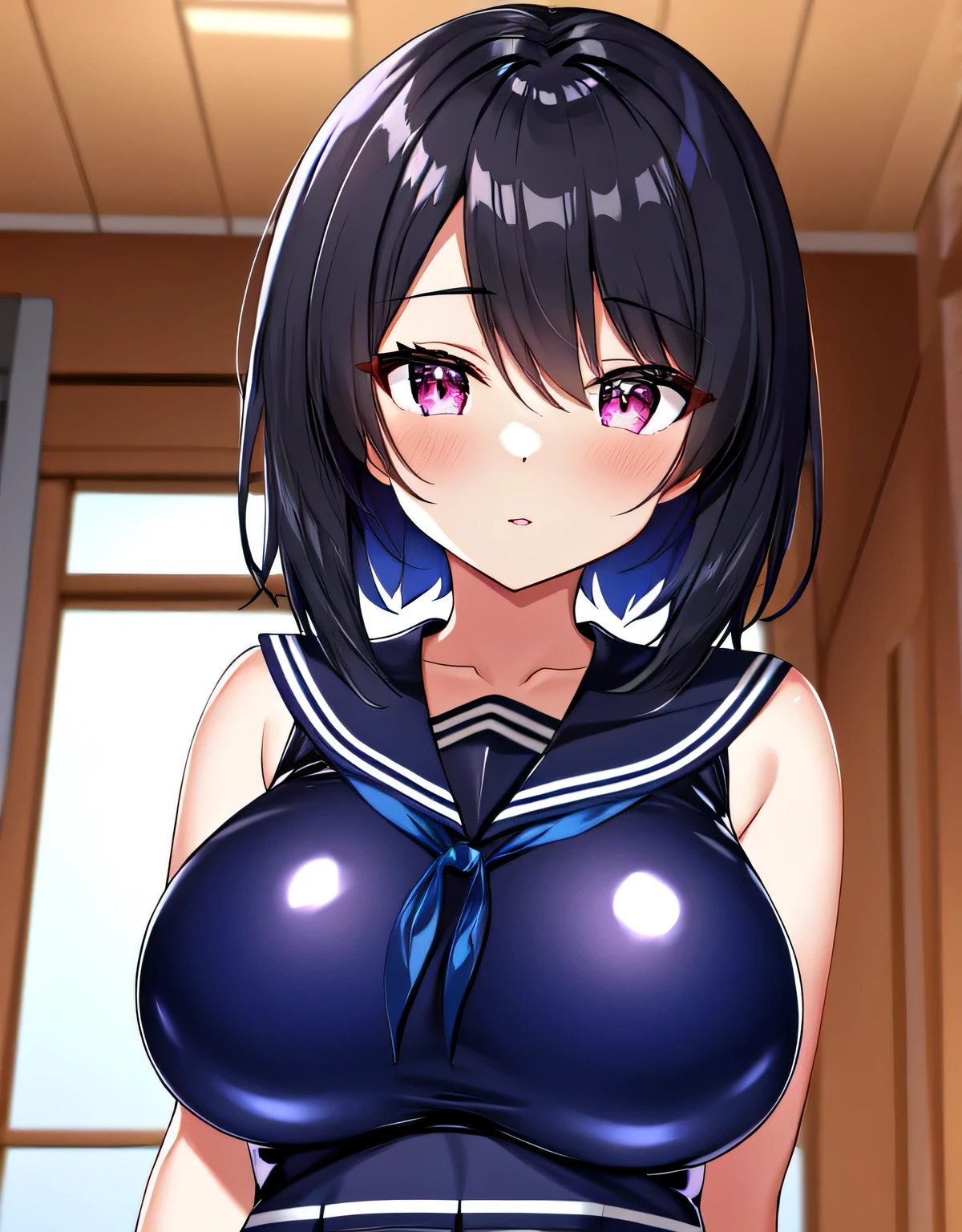 (large breasts:1.5),(shiny hair),((solo)),((masterpiece)),((best quality)),perfect anatomy,slim waist,perfect image,8k UHD,(beautiful detailed eyes:1.3),extremely detailed face,standing,(upper body:1.2),(look at the front:1.5),arms behindback,ultra-detailed,absurdres,highres,black hair,pink eyes,classroom,school,bare shoulder,blue pvc outfit,(blue pvc serafuku),(blue pvc pleated skirt),shiny skin,(latex),semi-long hair,18 years-old,