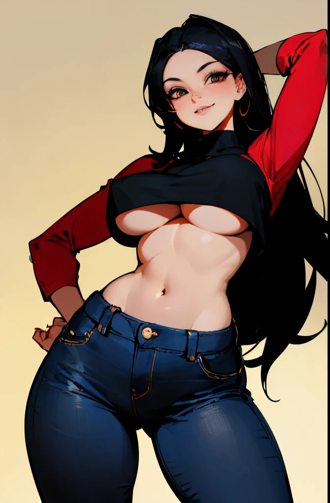 (best quality, masterpiece:1.2), Sketch full view of a hot looking fair skin 29 year old woman standing in front of us. She has brown eyes and long straight black hair. She has big breasts, playful smile. She has a nice curvy physique. She is wearing a crop top and lowrider jeans. Underboob showing. Apartment background. Shading. Lighting. Dynamic pose.