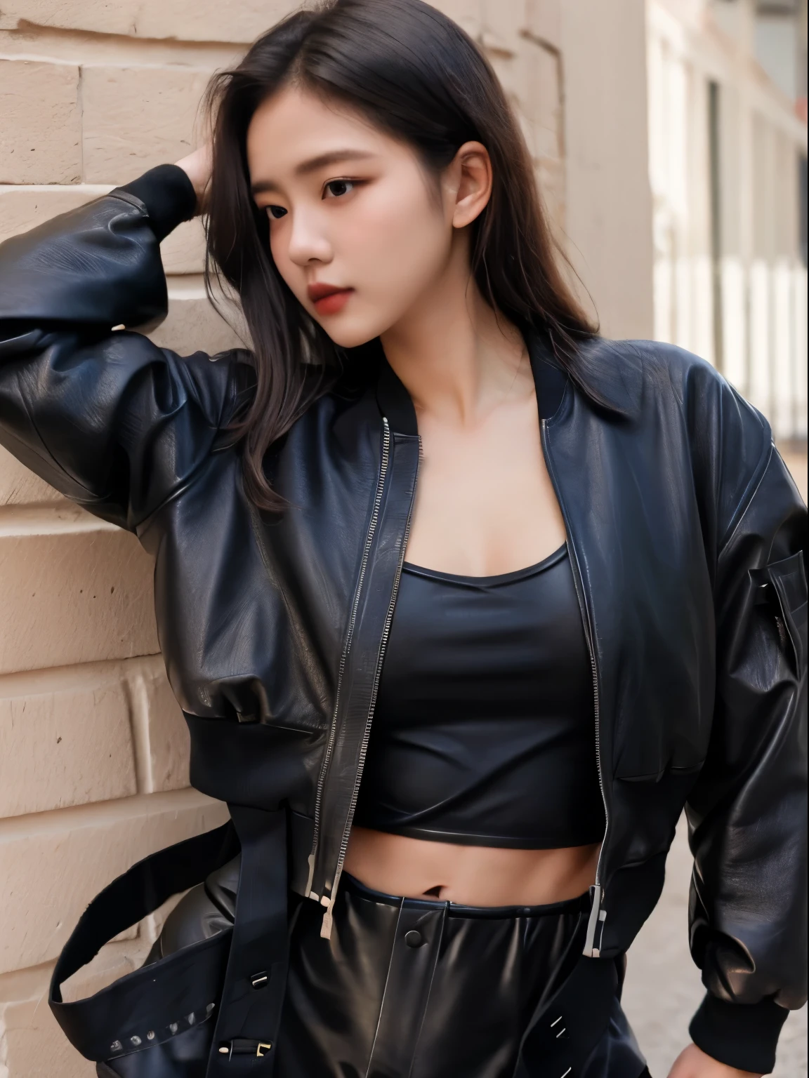 (​masterpiece:1.2), 8k,(ultra-realsitic:1.37),  Thai actress, (random sexy pose:1.3), black hair, face lights, Detailed face, (wearing a shining black faux leather bomber jacket:1.5), sexy costume,