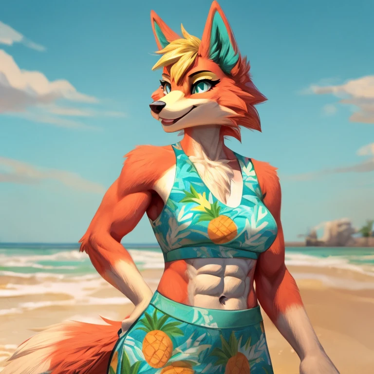 a digital artwork of audie with abs wearing a crop top of her default turquoise and pineapple print dress with turquoise and pineapple printskirt, a bare midriff and a bare navel , digital art, ((perfect face)), ((best quality)), ((masterpiece)),