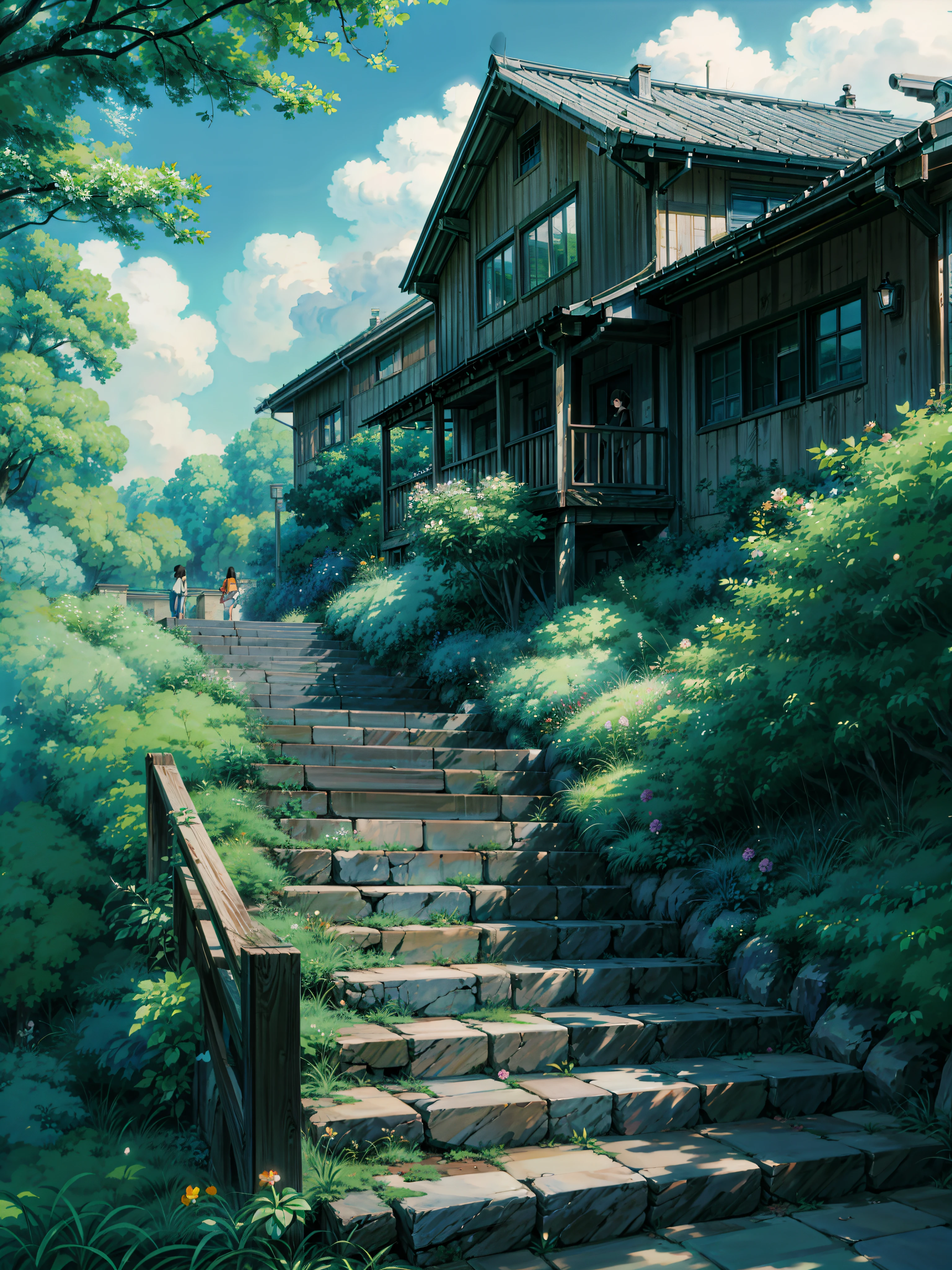 a painting of stairs leading up to the way, flowers, hanging flowers, roses, makoto shinkai. high detail, overgrowth. by makoto shinkai, by makoto shinkai, by Makoto Shinkai, anime. by makoto shinkai, studio ghibli environment, ghibli studio art, cinematic studio ghibli still, ghibli studio style, style of makoto shinkai,  4k hd,, beautiful art uhd 4 k, a beautiful artwork illustration, beautiful digital painting, highly detailed digital painting, beautiful digital artwork, detailed painting 4 k, very detailed digital painting, rich picturesque colors, gorgeous digital painting