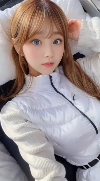 bright look、photorealism、highest quality、超A high resolution、picture、北欧生まれの非常にbeautiful少女の写真、extraordinary beautiful girl、可愛くてbeautiful顔の詳細、(Pueros face_V1:0.008)、beautiful bangs、alice in wonderland、、Radiant, fair, glowing skin、facial hair、Bangs that extend to the face、bangs between eyes、super long hair、Glamorous bright natural platinum blonde super long straight silky hair、high resolution eyes、beautiful, Bright and clear, Big light blue eyes shine charmingly、(white astrovest):10、eyeliner、double eyelid、rich bust、Going to bed、lie on your back、sprawl、sleep on your side、lying on one's back