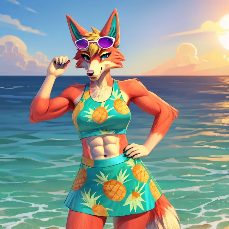 a digital artwork of audie with abs wearing a crop top of her default turquoise and pineapple print dress with turquoise and pineapple printskirt, a bare midriff and a bare navel , digital art, ((perfect face)), ((best quality)), ((masterpiece)), she has sunglasses on her forehead
