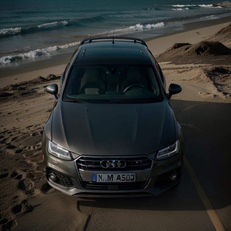 um close de um Audi Suv preto estacionado em uma praia, vehicle photography, fotografia automotiva, editado, fotografia comercial de carro, automatic photography, fotografia de carro, filmado em Canon EOS R5, cinematic front shot, filmado em Canon EOS R5, filmado na hora dourada, Twilight Scenario, plano ultra amplo, ar 9 cinematic filming:16 -n 6 -g