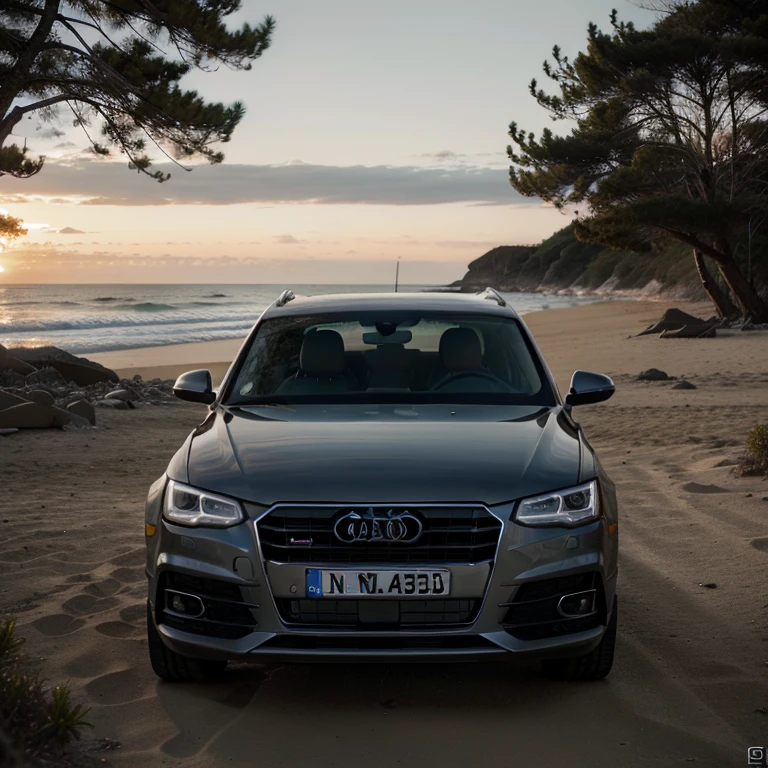 um close de um Audi Suv preto estacionado em uma praia, vehicle photography, fotografia automotiva, editado, fotografia comercial de carro, automatic photography, fotografia de carro, filmado em Canon EOS R5, cinematic front shot, filmado em Canon EOS R5, filmado na hora dourada, Twilight Scenario, plano ultra amplo, ar 9 cinematic filming:16 -n 6 -g