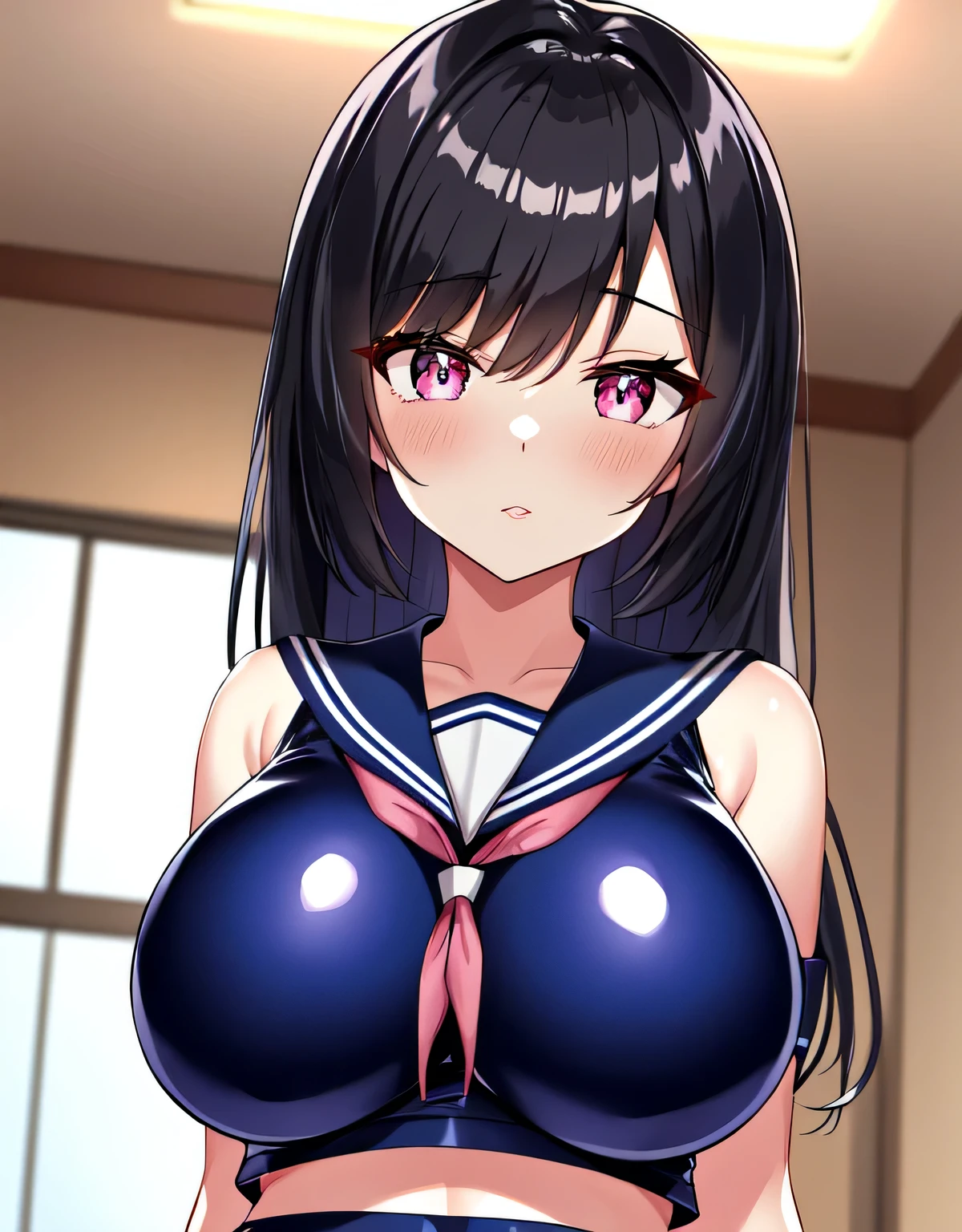 (large breasts:1.5),(shiny hair),((solo)),((masterpiece)),((best quality)),perfect anatomy,slim waist,perfect image,8k UHD,(beautiful detailed eyes:1.3),extremely detailed face,standing,(upper body:1.1),(look at the front:1.5),arms behindback,ultra-detailed,absurdres,highres,black hair,pink eyes,classroom,school,bare shoulder,blue pvc outfit,(blue pvc serafuku),(blue pvc pleated skirt),shiny skin,(latex),semi-long hair,18 years-old,