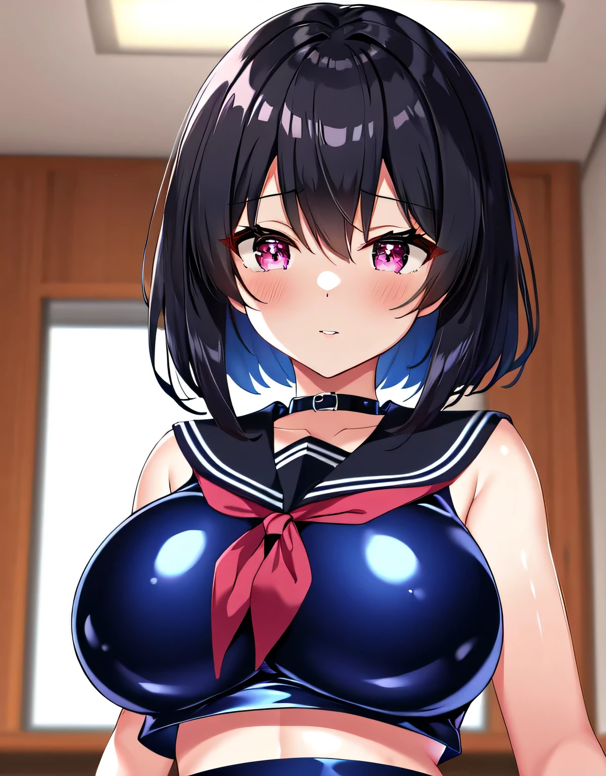 (large breasts:1.5),(shiny hair),((solo)),((masterpiece)),((best quality)),perfect anatomy,slim waist,perfect image,8k UHD,(beautiful detailed eyes:1.3),extremely detailed face,standing,(upper body:1.1),(look at the front:1.5),arms behindback,ultra-detailed,absurdres,highres,black hair,pink eyes,classroom,school,bare shoulder,blue pvc outfit,(blue pvc serafuku),(blue pvc pleated skirt),shiny skin,(latex),semi-long hair,18 years-old,
