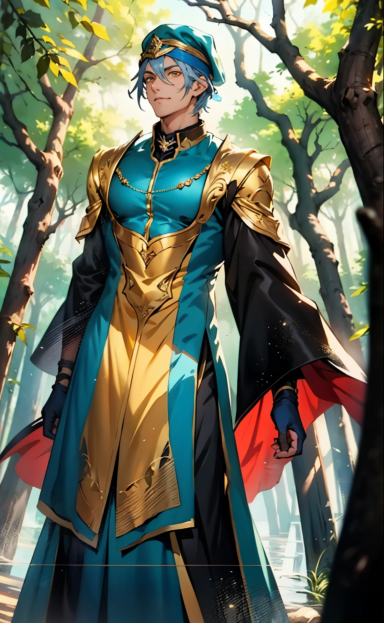 A young man wearing a scholar's square cap, clear and bright eyes, a dignified and refined face, a friendly smile, short hair is peeking out the cap, tall and slender figure, a fantasy-style scholar's long robe coat with a long hem, wide sleeves, loose trousers, bathed in sunlight amidst the gentle breeze of the woods, this character embodies a finely crafted fantasy martial arts-style scholar in anime style, exquisite and mature manga art style, high definition, best quality, highres, ultra-detailed, ultra-fine painting, extremely delicate, professional, perfect body proportions, golden ratio, anatomically correct, symmetrical face, extremely detailed eyes and face, high quality eyes, creativity, RAW photo, UHD, 32k, Natural light, cinematic lighting, masterpiece-anatomy-perfect, masterpiece:1.5