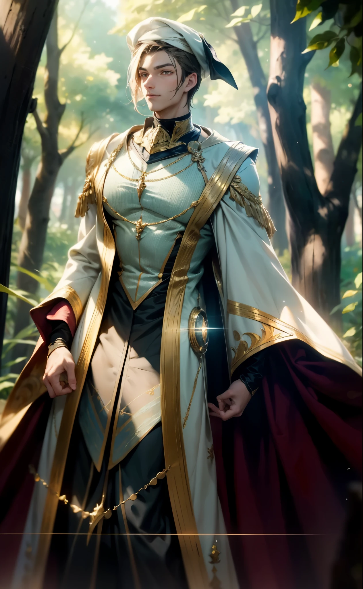 A young man wearing a scholar's square cap, clear and bright eyes, a dignified and refined face, a friendly smile, short hair is peeking out the cap, tall and slender figure, a fantasy-style scholar's long robe coat with a long hem, wide sleeves, loose trousers, bathed in sunlight amidst the gentle breeze of the woods, this character embodies a finely crafted fantasy martial arts-style scholar in anime style, exquisite and mature manga art style, high definition, best quality, highres, ultra-detailed, ultra-fine painting, extremely delicate, professional, perfect body proportions, golden ratio, anatomically correct, symmetrical face, extremely detailed eyes and face, high quality eyes, creativity, RAW photo, UHD, 32k, Natural light, cinematic lighting, masterpiece-anatomy-perfect, masterpiece:1.5