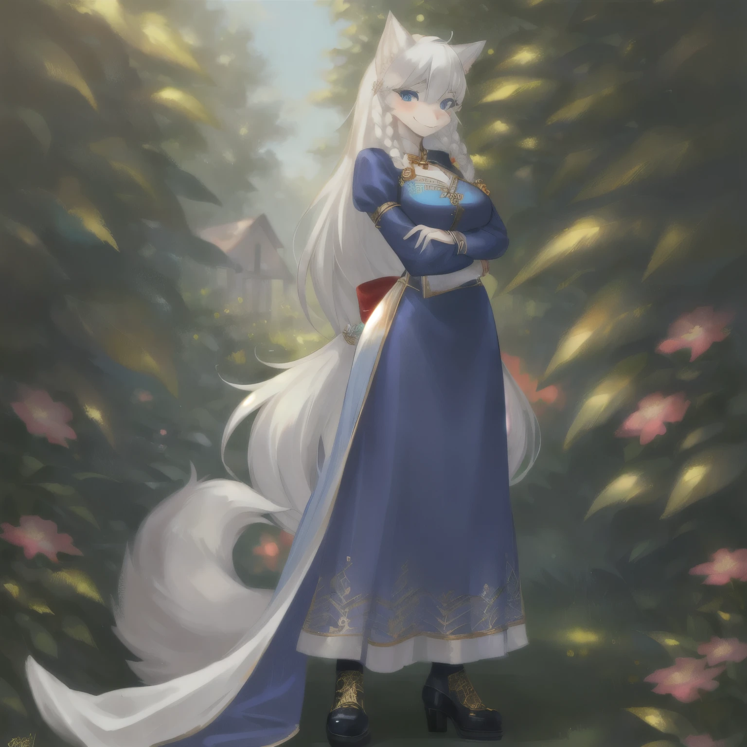 woman, furry woman, wolf woman, full body portrait, full fur, white fur, full tail, big tail, white tail, white hair, long hair, bushy hair, hair with braid, a brooch in the hair, pattern of flower brooch, gold-colored brooch, almond-shaped eyes, blue eyes, shy smile, charming face, red cheek, long dress, blue dress, patterned dress, gold embroidery, chic shoe, heeled shoe, scarpin shoe, background lush vegetation screen,