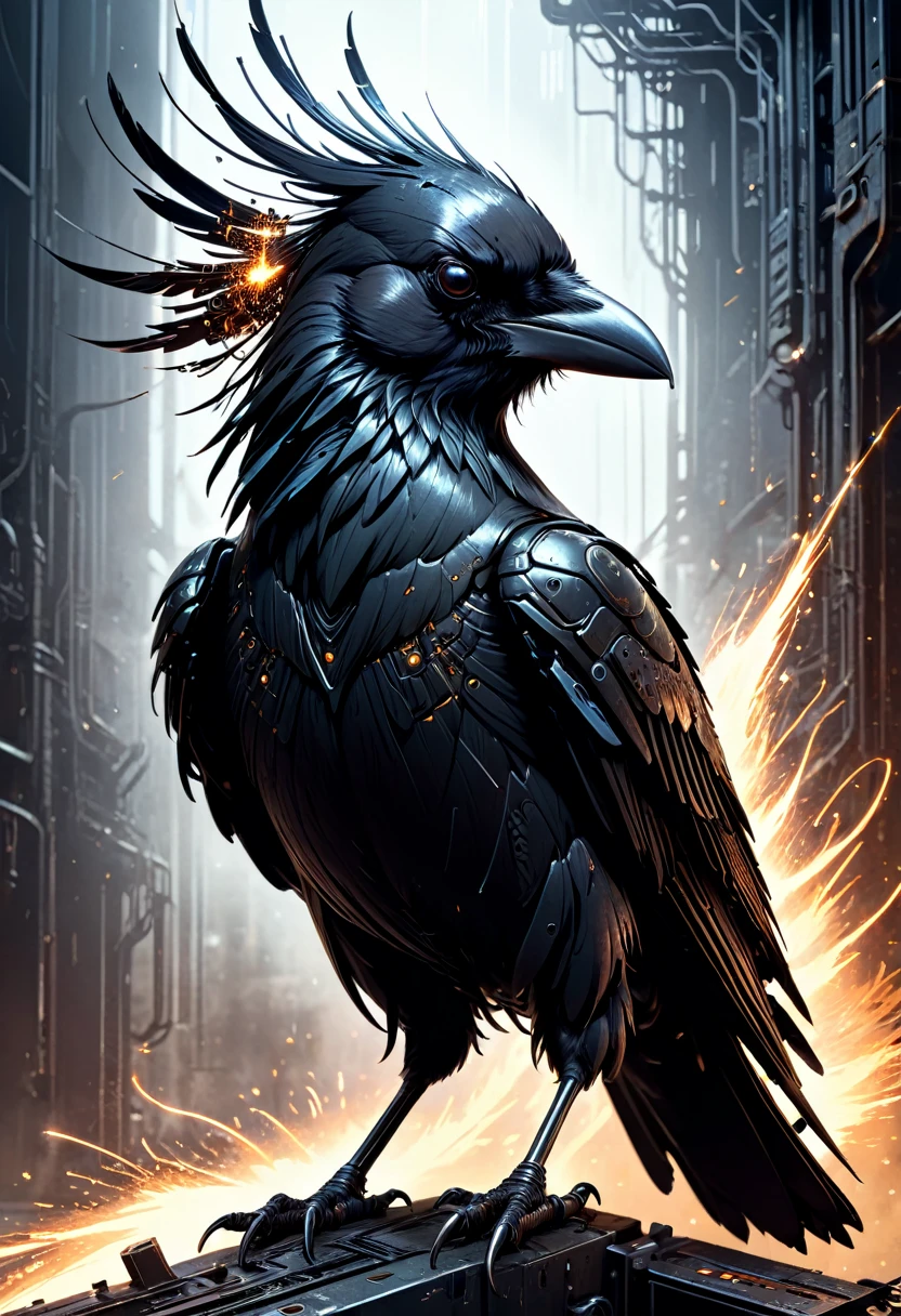A masterful artistic digital rendering of a sinister cybernetic crow made from sparks and fire by Simon Prades, h.r giger, russ mills, Shaun Ryken, celestial, UHD, 8k resolution, fantasy editorial art, complex and hyperdetailed, beautiful composition, a modern surrealistic masterpiece by Dan Mumford