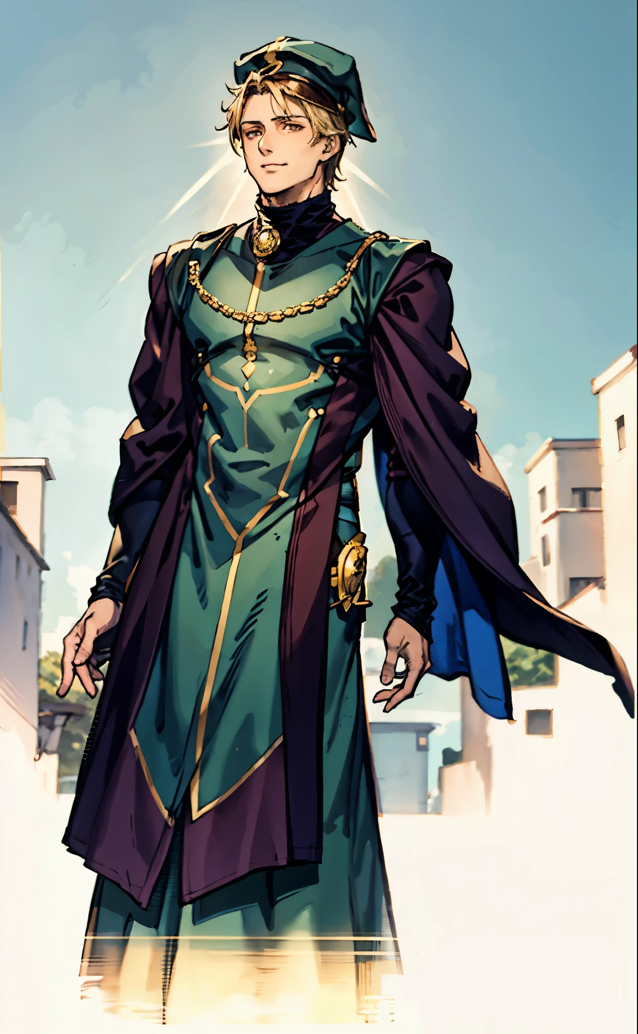 A young man wearing a scholar's square cap, clear and bright eyes, a dignified and refined face, a friendly smile, short hair is peeking out the cap, tall and slender figure, a fantasy-style scholar's long robe coat with a long hem, wide sleeves, loose trousers, bathed in sunlight amidst the gentle breeze of the woods, this character embodies a finely crafted fantasy martial arts-style scholar in anime style, exquisite and mature manga art style, high definition, best quality, highres, ultra-detailed, ultra-fine painting, extremely delicate, professional, perfect body proportions, golden ratio, anatomically correct, symmetrical face, extremely detailed eyes and face, high quality eyes, creativity, RAW photo, UHD, 32k, Natural light, cinematic lighting, masterpiece-anatomy-perfect, masterpiece:1.5