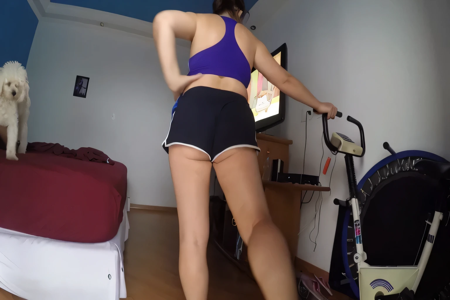 woman in blue blouse and black shorts playing video games, in shorts, seen from the back, working out, bent over, thighs!!!!!!, thighs exposed!!!, long shot, thighs!! !, from the back, back photo, general back photo, back photo, shorts, view from behind, RAW, Best quality, high resolution, Masterpiece: 1.3, Beautiful brunette. Best quality, high resolution. Realistic, detailed, full-length woman in blue top and black short shorts, very short woman in blue top and black shorts is using an exercise bike, in shorts, legs and arms, long shot from back, sports bra and blue dark shorts, sports bra and shorts, filmed from behind, working out, toned legs, thighs!!!!!!, A high resolution, (photographically realistic), Beautiful girl, Sexy Pose, 8K, NFSW, Beautiful Brazilian woman, Smile , Underwear, open legs, Tennis uniforms, mini skirt, Cowgirl, I'm sweating, Male genitals entering the crotch, fitness body, sports bra and dark blue shorts, toned legs. She is around 35 years old, a woman in good physical condition. Masterpiece, best quality, (best quality), realistic lighting, 8k.