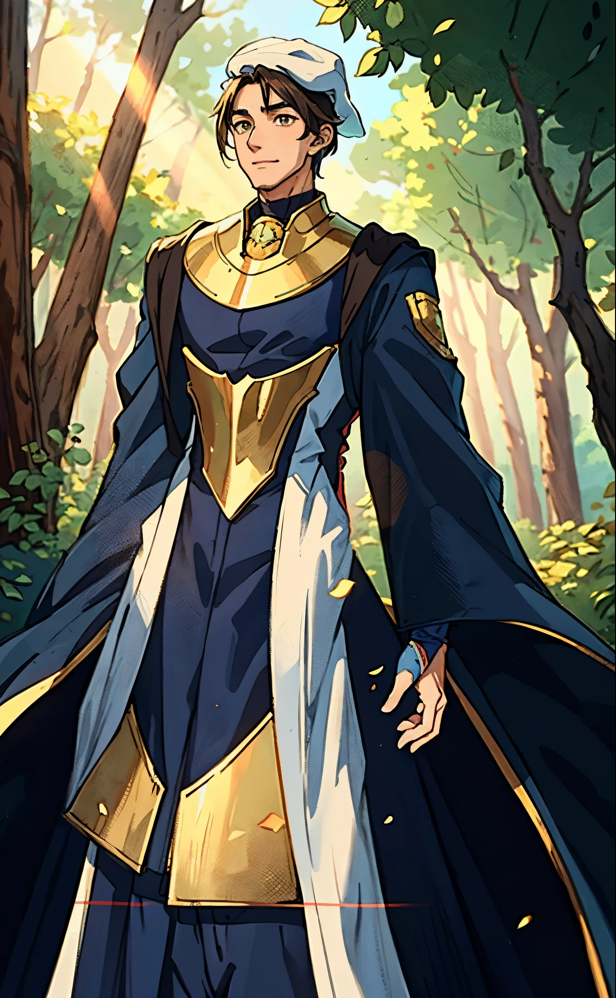A young man wearing a scholar's square cap, clear and bright eyes, a dignified and refined face, a friendly smile, short hair is peeking out the cap, tall and slender figure, a fantasy-style scholar's long robe coat with a long hem, wide sleeves, loose trousers, bathed in sunlight amidst the gentle breeze of the woods, this character embodies a finely crafted fantasy martial arts-style scholar in anime style, exquisite and mature manga art style, high definition, best quality, highres, ultra-detailed, ultra-fine painting, extremely delicate, professional, perfect body proportions, golden ratio, anatomically correct, symmetrical face, extremely detailed eyes and face, high quality eyes, creativity, RAW photo, UHD, 32k, Natural light, cinematic lighting, masterpiece-anatomy-perfect, masterpiece:1.5