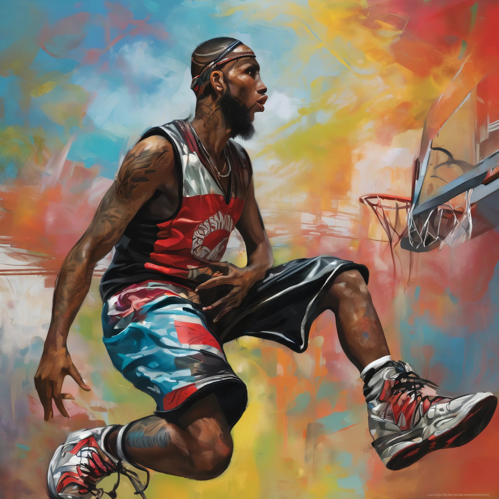 Magic Jhonson playing basket, front portrait, face to waist, advanced punk figurative art background, estilo alex petruk