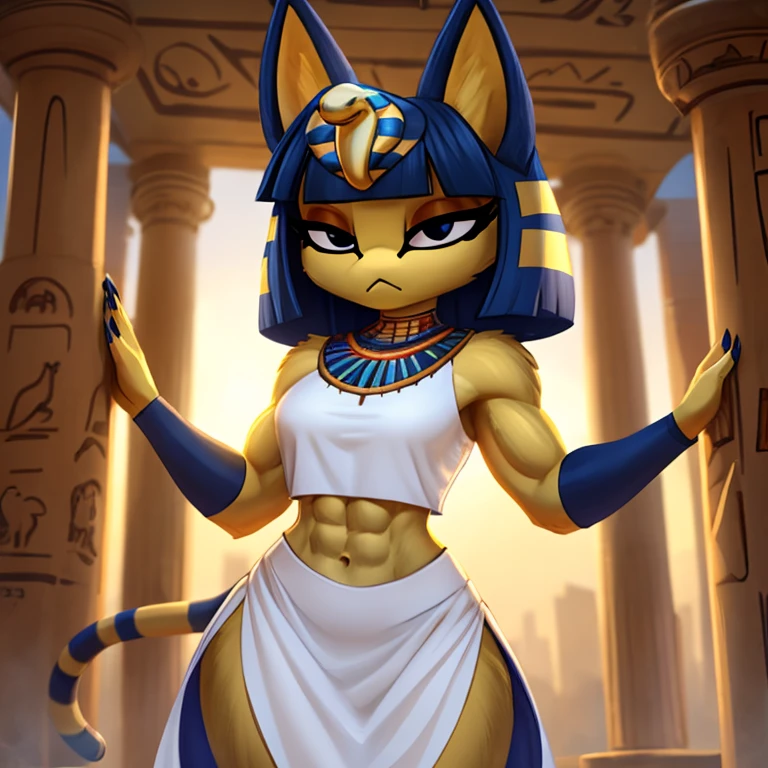 a digital artwork of ankha with abs wearing a crop top of her white sleeveless dress outfit with a bare midriff and a bare navel , digital art, ((perfect face)), ((best quality)), ((masterpiece)),