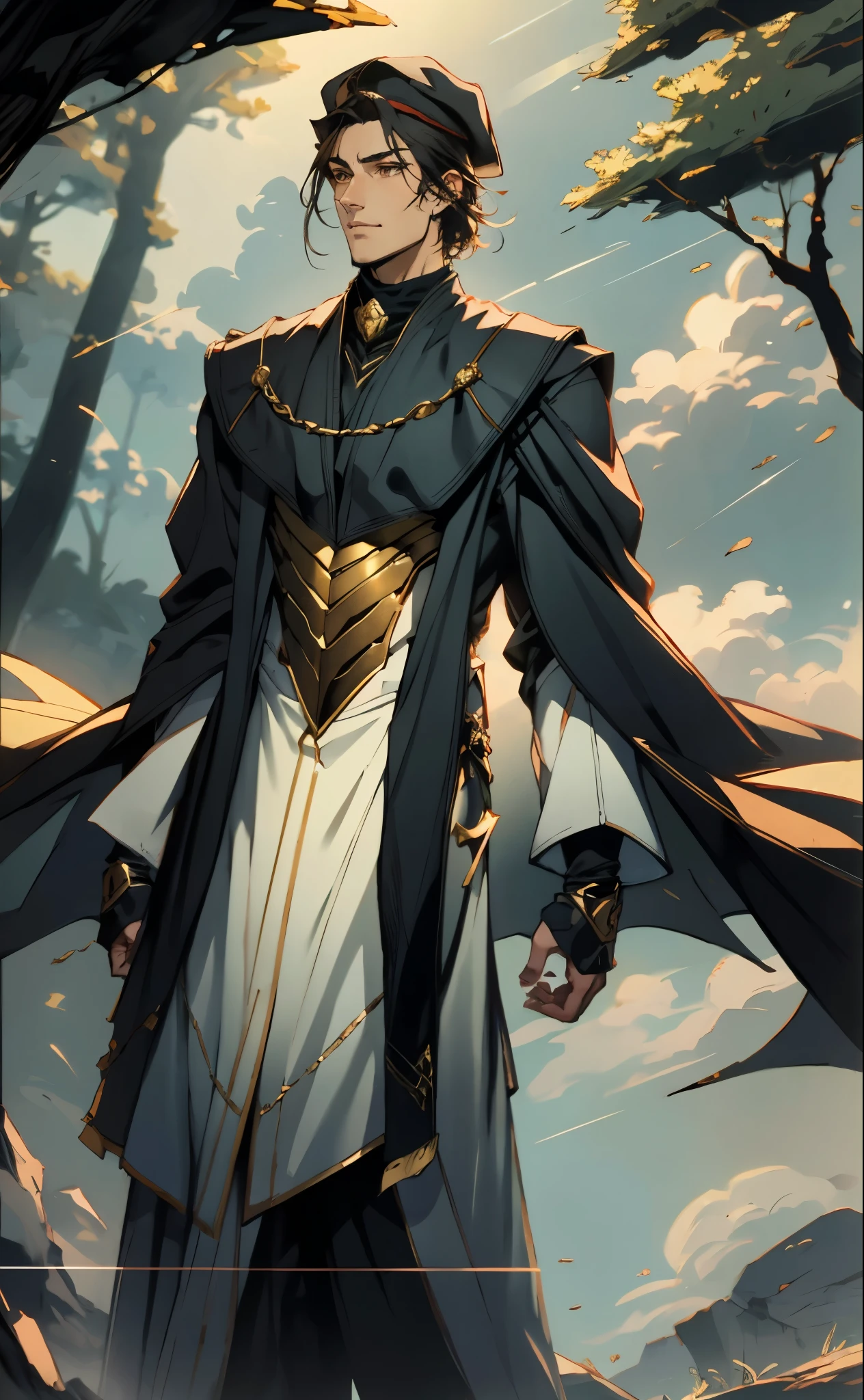 A young man wearing a scholar's square cap, clear and bright eyes, a dignified and refined face, a friendly smile, short hair is peeking out the cap, tall and slender figure, a fantasy-style scholar's long robe coat with a long hem, wide sleeves, loose trousers, bathed in sunlight amidst the gentle breeze of the woods, this character embodies a finely crafted fantasy martial arts-style scholar in anime style, exquisite and mature manga art style, high definition, best quality, highres, ultra-detailed, ultra-fine painting, extremely delicate, professional, perfect body proportions, golden ratio, anatomically correct, symmetrical face, extremely detailed eyes and face, high quality eyes, creativity, RAW photo, UHD, 32k, Natural light, cinematic lighting, masterpiece-anatomy-perfect, masterpiece:1.5