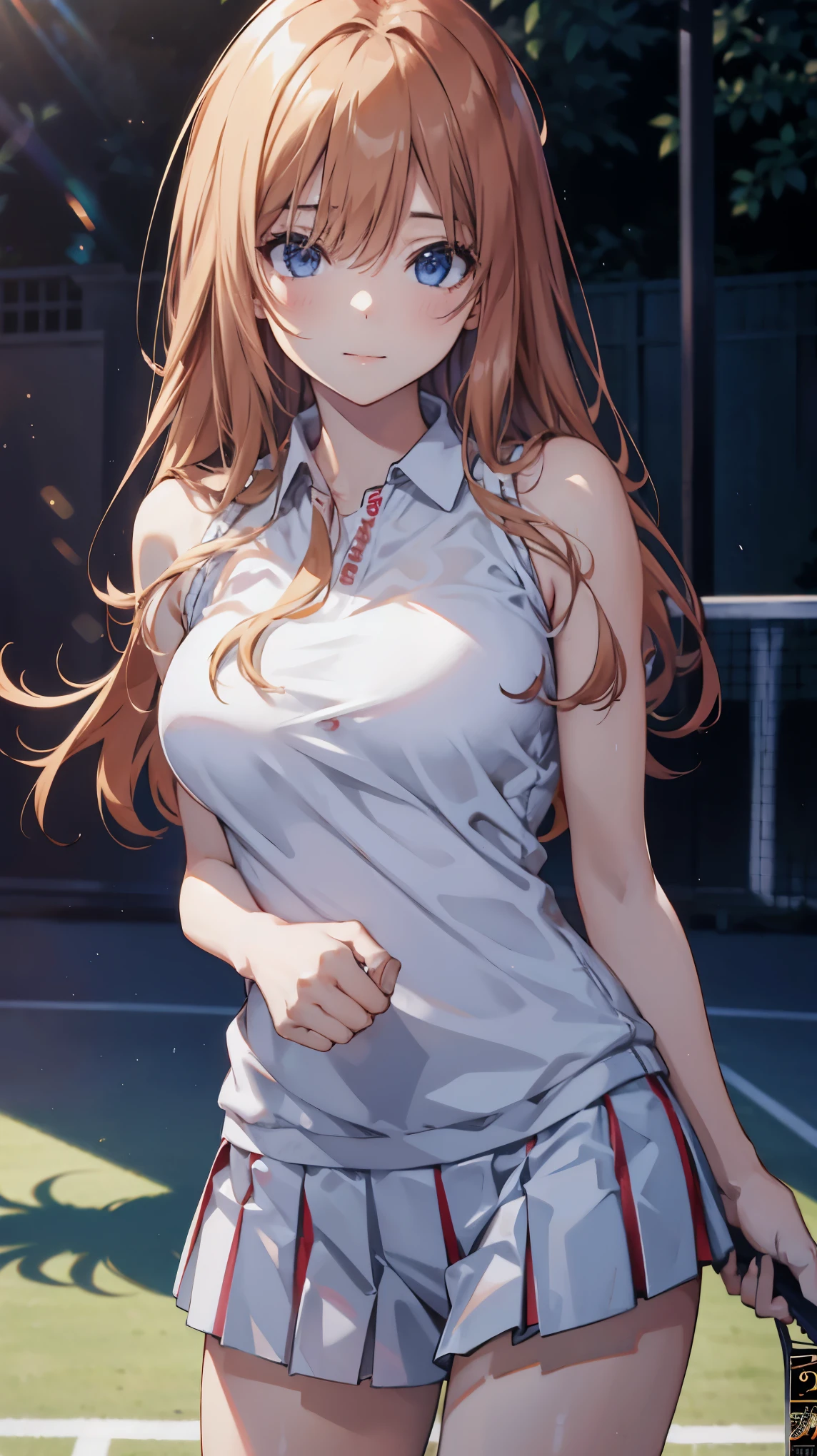 official art, unity 8k wallpaper, Super detailed, masterpiece, highest quality, 1 female, (very detailed),(Raw photo、highest quality)、(realistic、Photoreal:1.3)、high detail、顔のvery detailed複雑な 3D レンダリング、(very detailed肌:1.2)、dynamic angle, fire glow effect,  professional lighting, side light, cinematic light, 超A high resolution, 8K , film grain,best shadow, particles of light, Fine skin texture, detailed face, intricate details, Super detailed, shine, please reconsider、full body, Tennis court、beautiful face、blurred background、18 year old beautiful girl、shiny skin、Tennis uniform、white panties、Sweat、