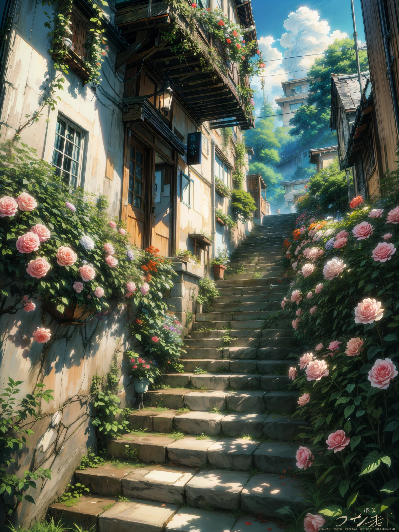 a painting of stairs leading up to the way, flowers, hanging flowers, roses, makoto shinkai. high detail, overgrowth. by makoto shinkai, by makoto shinkai, by Makoto Shinkai, anime. by makoto shinkai, studio ghibli environment, ghibli studio art, cinematic studio ghibli still, ghibli studio style, style of makoto shinkai,  4k hd,, beautiful art uhd 4 k, a beautiful artwork illustration, beautiful digital painting, highly detailed digital painting, beautiful digital artwork, detailed painting 4 k, very detailed digital painting, rich picturesque colors, gorgeous digital painting