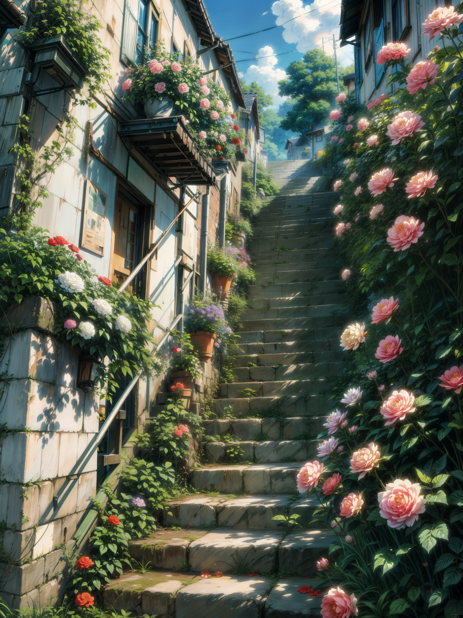 a painting of stairs leading up to the way, flowers, hanging flowers, roses, makoto shinkai. high detail, overgrowth. by makoto shinkai, by makoto shinkai, by Makoto Shinkai, anime. by makoto shinkai, studio ghibli environment, ghibli studio art, cinematic studio ghibli still, ghibli studio style, style of makoto shinkai, 4k hd,, beautiful art uhd 4 k, a beautiful artwork illustration, beautiful digital painting, highly detailed digital painting, beautiful digital artwork, detailed painting 4 k, very detailed digital painting, rich picturesque colors, gorgeous digital painting