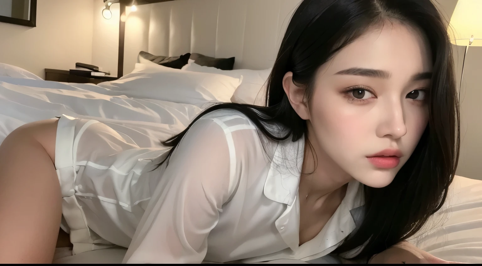 ((Top quality, 8k, Masterpiece: 1.3)), beauty, hidden face, 1 girl, hip beauty: 1.3, slender abs: 1.1, white transparent pajamas, long black hair, (sitting on bed), super detailed face, highly detailed lips, detailed eyes, double eyelids
